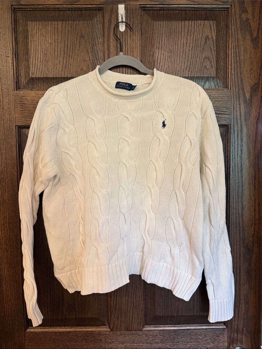Polo by Ralph Lauren Ivory Cable-Knit Crew Sweater Size Small Navy Pony